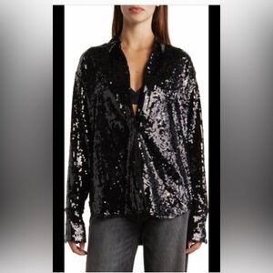 Good American Black Sequin Botton Up Shirt